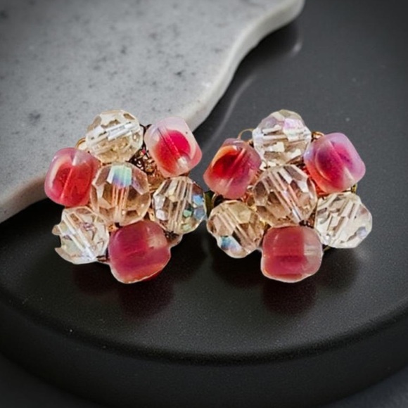 Clip on earrings Vintage Pink earring Mid century glass jewelry clip on earrings - Picture 9 of 14